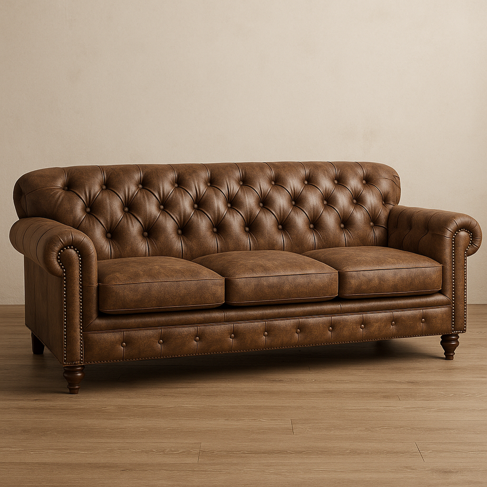 Sofá Chesterfield Marrón Clásico para Sala de Estar 3 Plazas Cuero