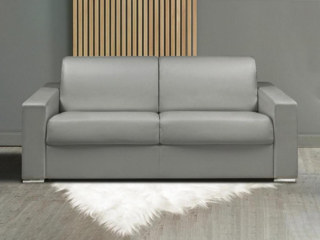 Sofá cama de 3 plazas tipo italiano de piel sintética CALITO - Gris - Somier de láminas de 140 cm - Colchón de 14 cm con memoria de forma