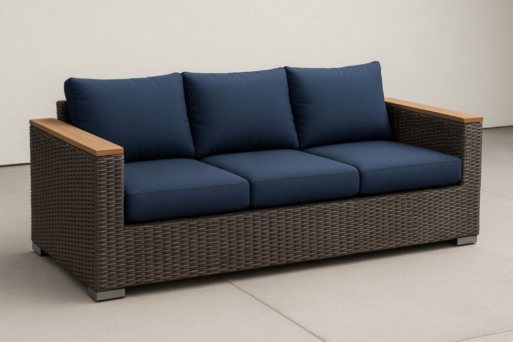Sofá de Exterior de Ratán Sintético Marrón/Almohadones Azul Marino 3 Plazas