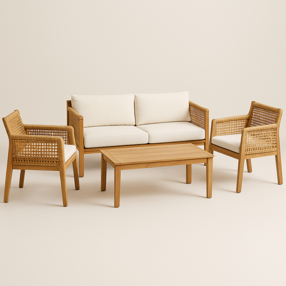 Conjunto de Exterior Sofá de 2 Plazas con 2 Sillones y Mesa de Centro Rectangular