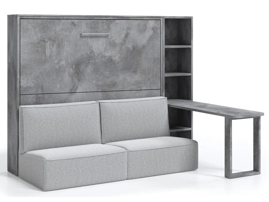 Cama Escamoteable Completa Lluesmahome, sofá gris claro, escritorio, estante, colchón 160x200.  SP5332930