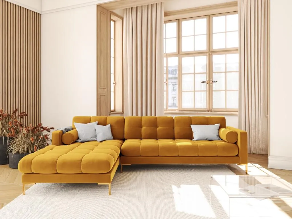 Sofá esquinero izquierdo Nidovia de 5 plazas en terciopelo amarillo 293x185x75 cm. rxi3745437