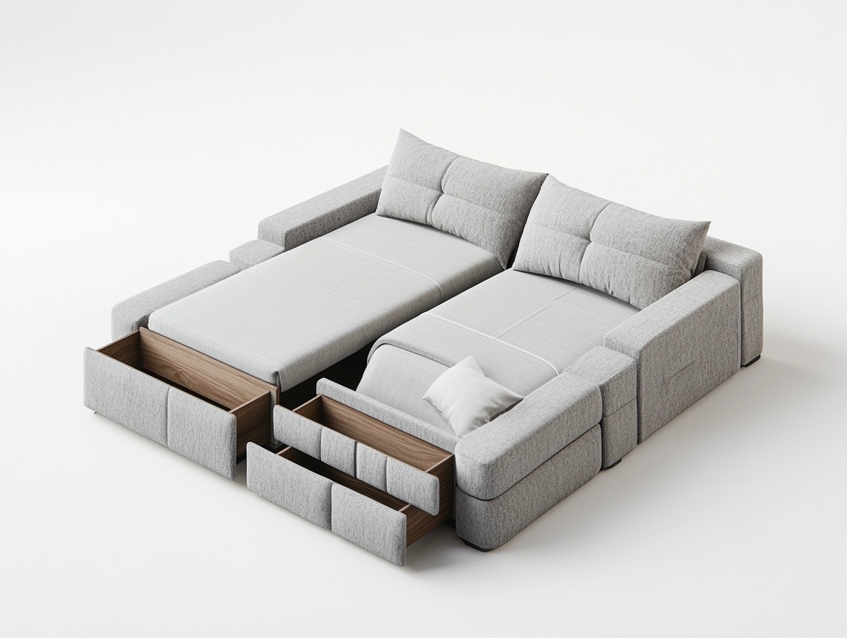 Sofá cama gris moderno con almacenamiento para sala de estar de 220x150 cm tapizado en tela y estructura de madera multifuncional TJ8519586