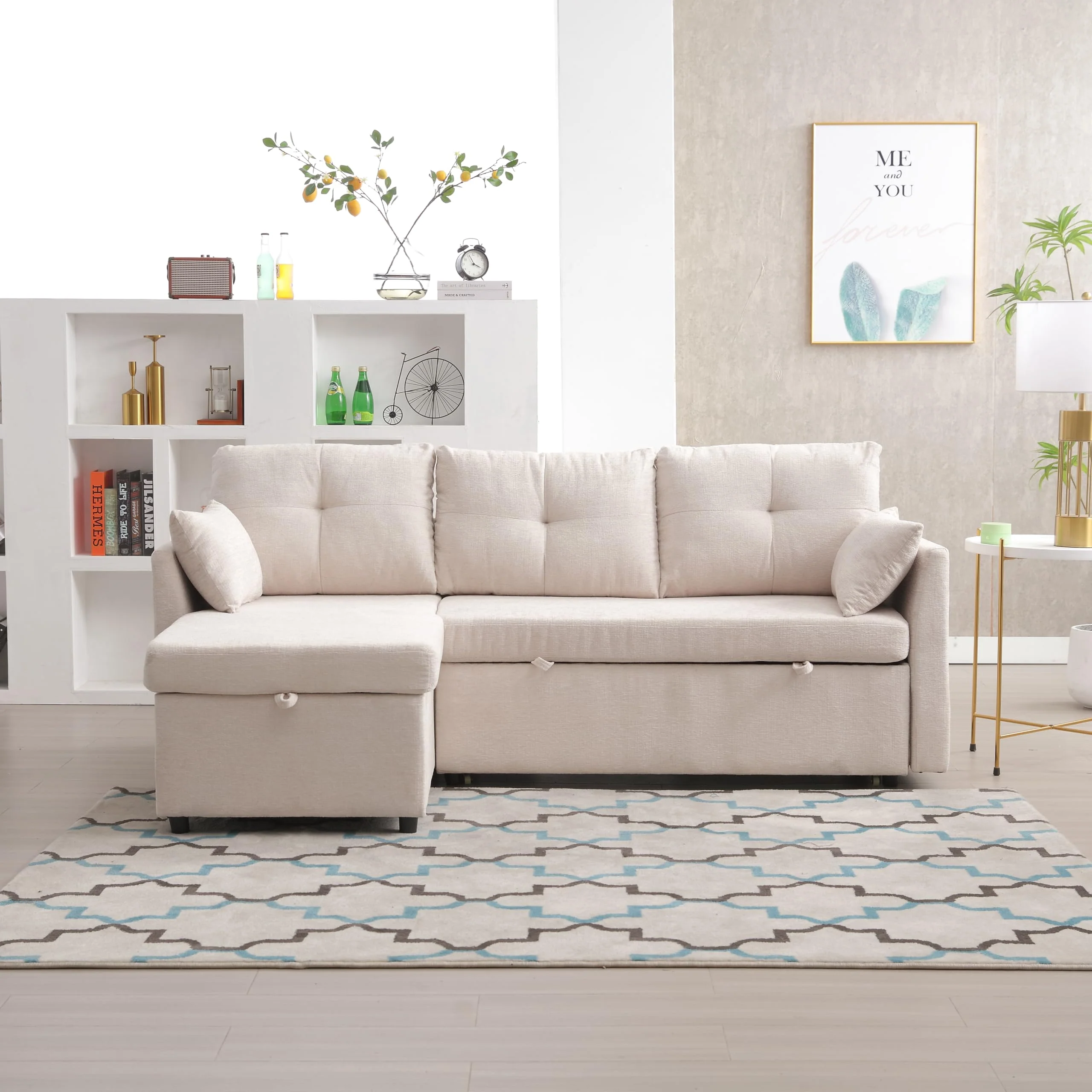 Sofá cama esquinero 3 plazas con almacenamiento beige