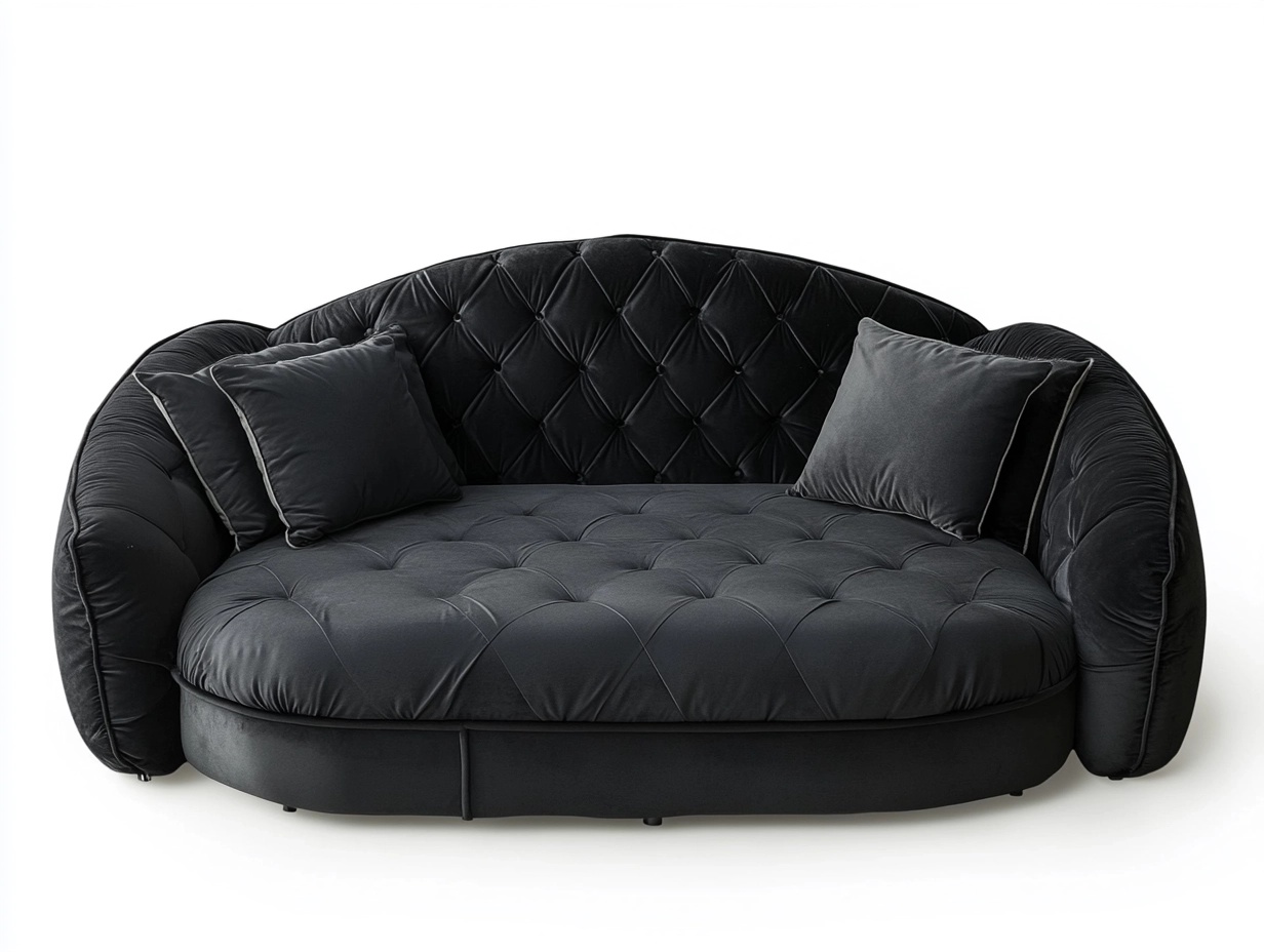 Sofá cama redondo negro de terciopelo con cojines modernos para sala de estar 220x120 cm TY0750941