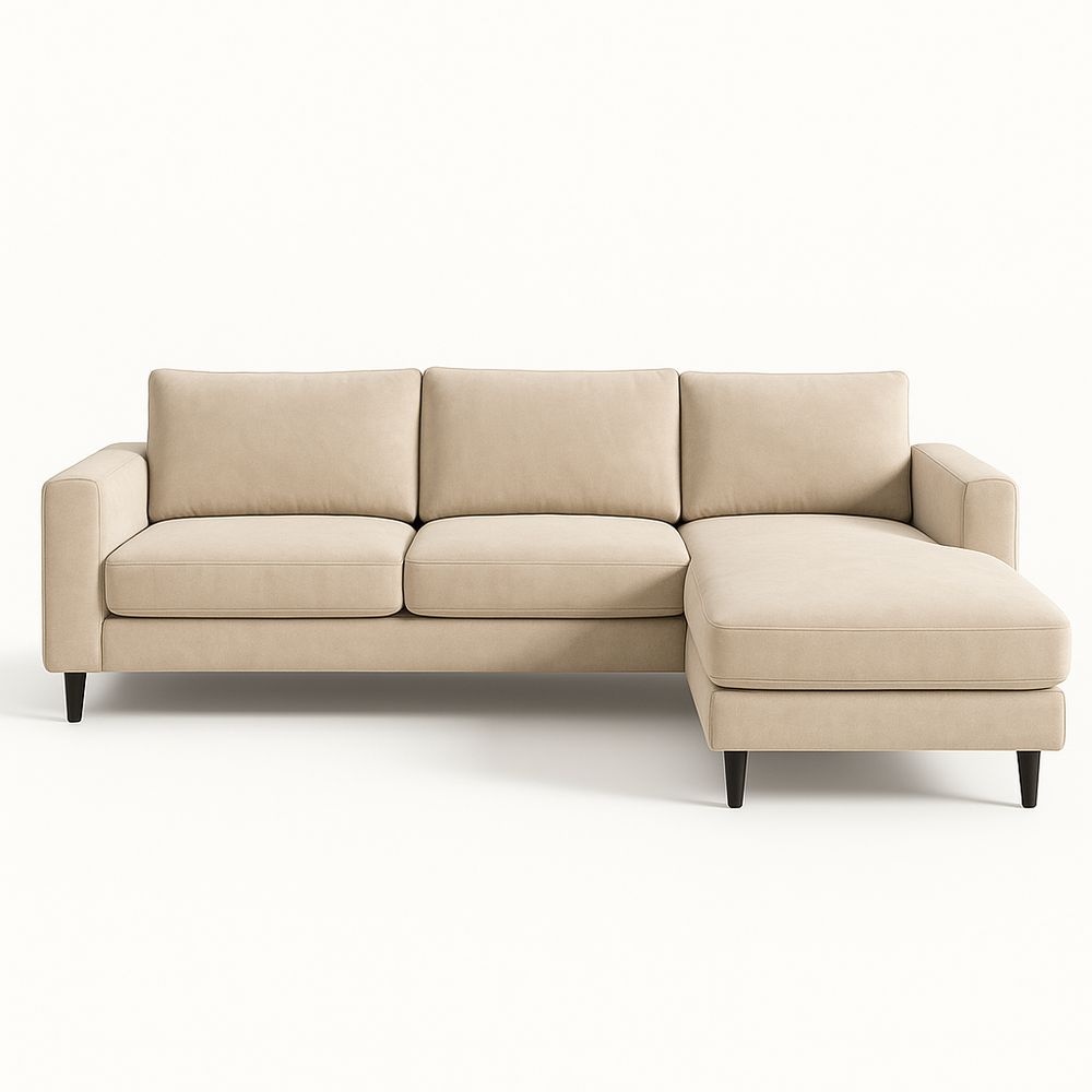 Sofá seccional en L con chaise longue derecha, estructura de madera de pino y tapizado de poliéster 280x160x90cm