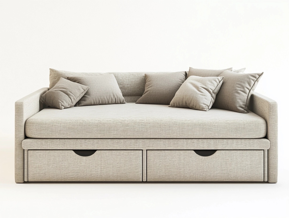 Sofá cama con cajones tapizado en tela beige 200x90cm ideal para sala multifuncional moderno