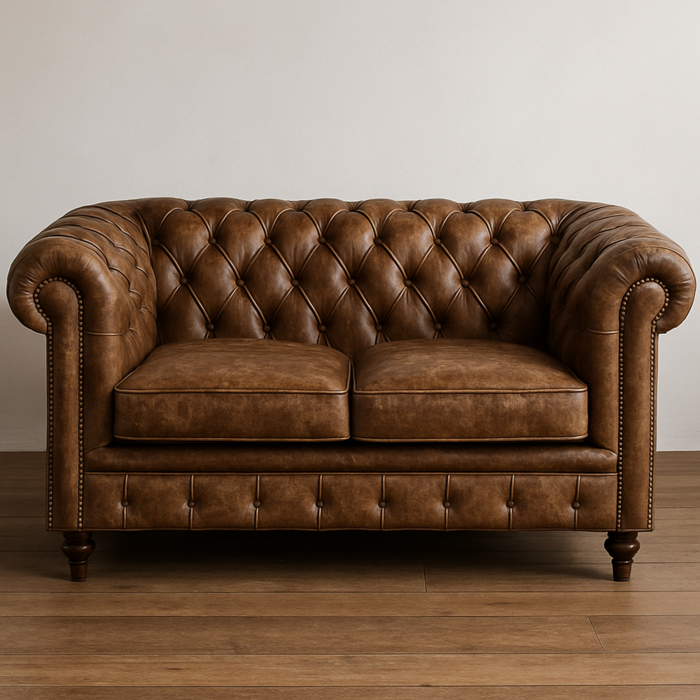 Sofá Chesterfield Marrón Clásico Sala de Estar 2 Plazas Cuero