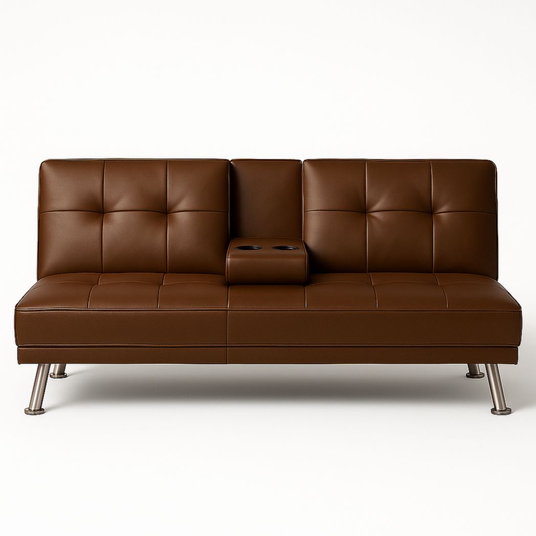 Sofá cama de cuero sintético marrón con portavasos y patas de acero inoxidable, 180x75x80 cm