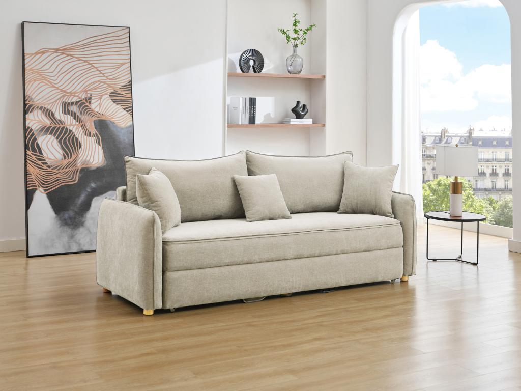 Sofá cama de 3 plazas - tela beige - con asiento de espuma viscoelástica