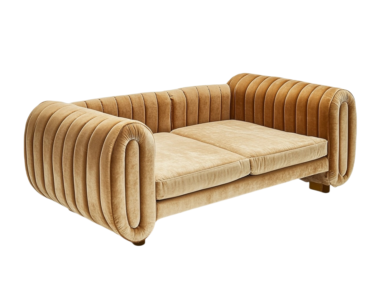 Sofá tapizado en terciopelo marrón claro de 2 plazas con estructura de madera de pino 200cm x 95cm x 75cm