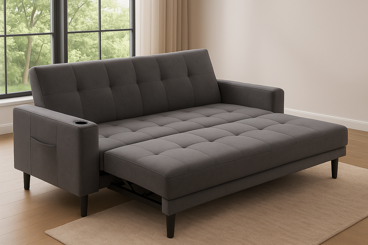 Sofá Cama Funcional Tela Gris Versátil Salón Convertible