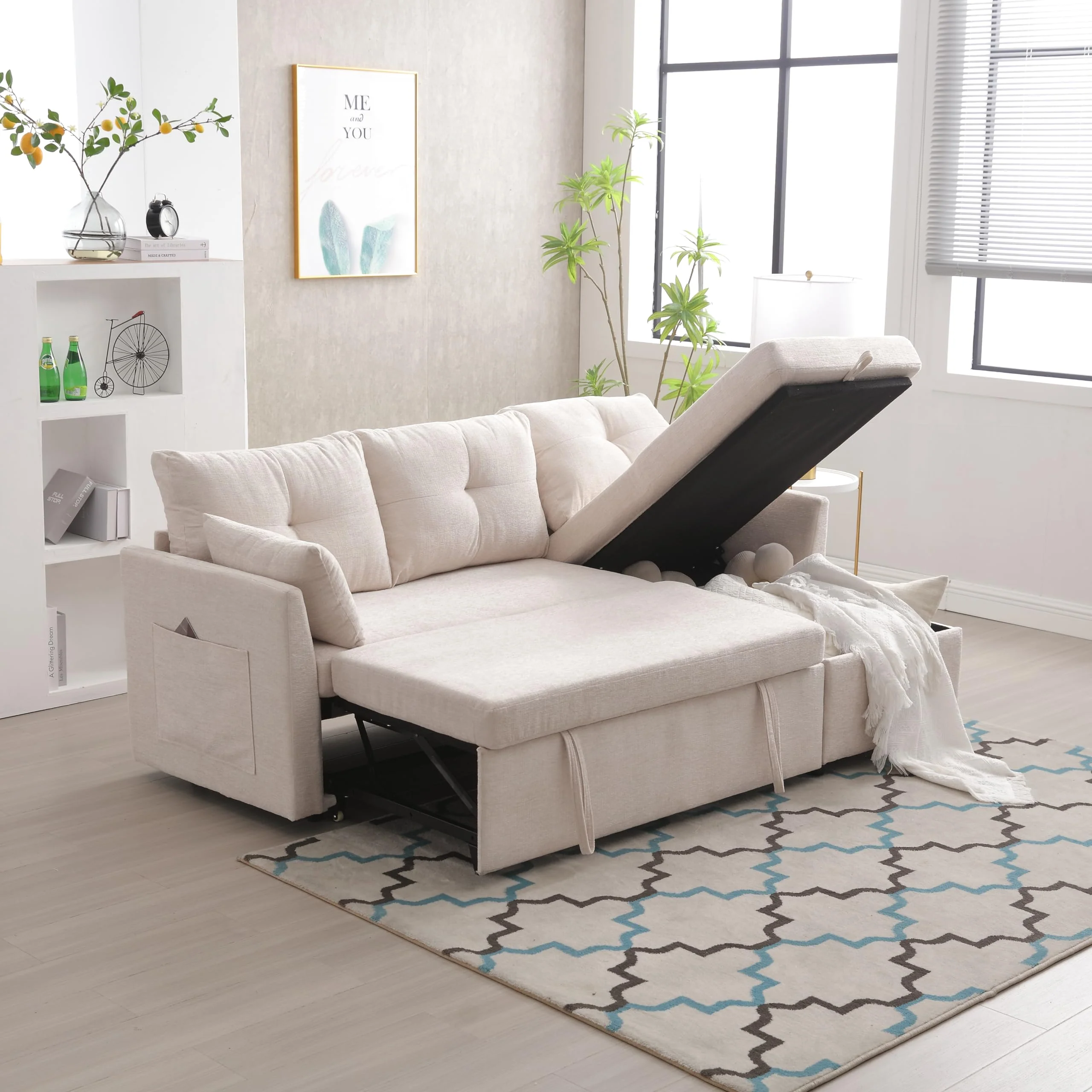 Sofá cama esquinero 3 plazas con almacenamiento beige