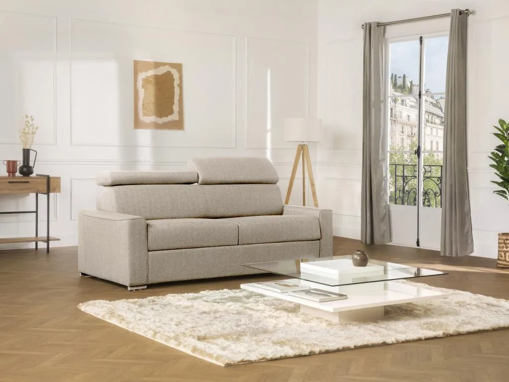 Sofá cama de 4 plazas de apertura rápida de tela Decoencanto - Beige - Cama 160 cm - Colchón 22 cm