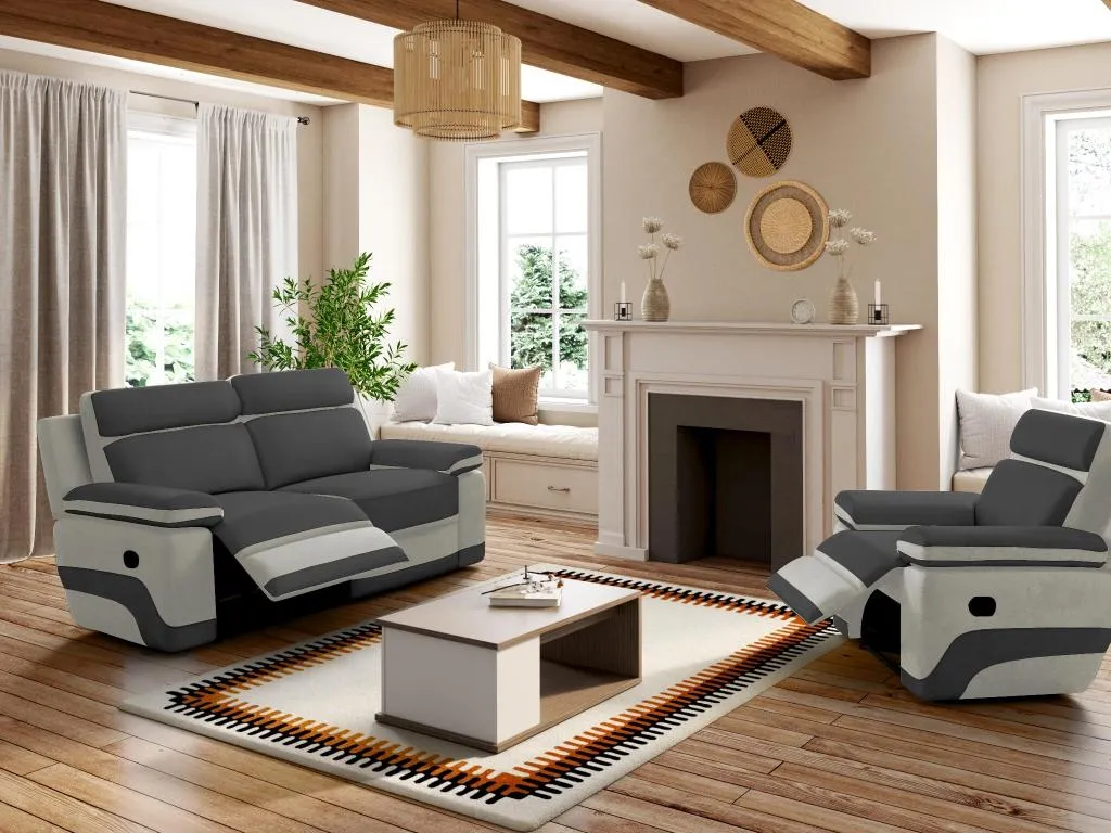 Sofá de 3 plazas relax en microfibra Nidovia, antracita y gris claro. xvf94041