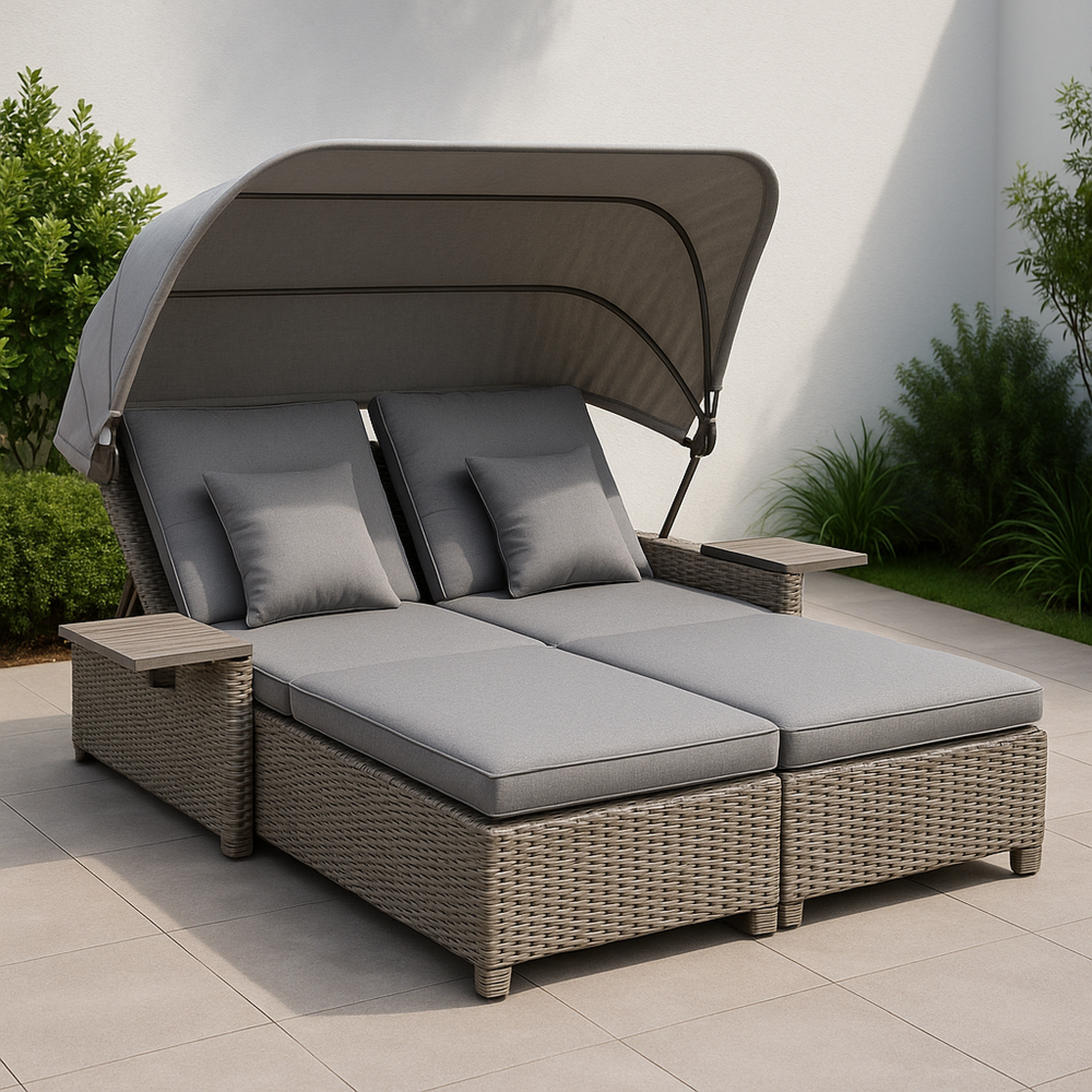Sofá cama doble de exterior con estructura de acero al carbono y tela sintética tejida gris, con toldo ajustable, 200x140x160 cm