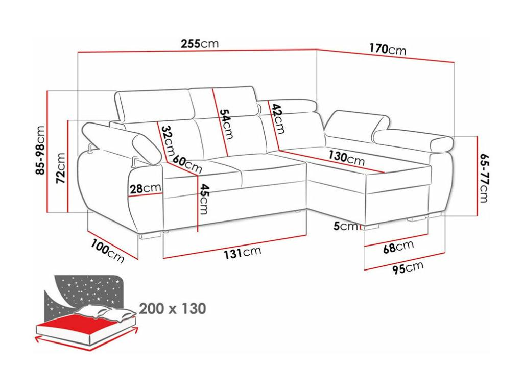 Sofá rinconero Columbus 132, Gris, Función de descanso, Caja de ropa de cama, 255x170cm
