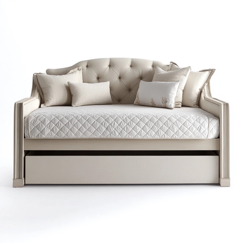 Sofá cama beige tapizado moderno con almacenamiento