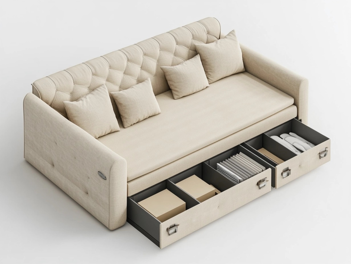Sofá cama beige con almacenamiento de 210x90 cm para sala de estar funcional moderno tapizado en tela estructura de madera resistente bd4264808