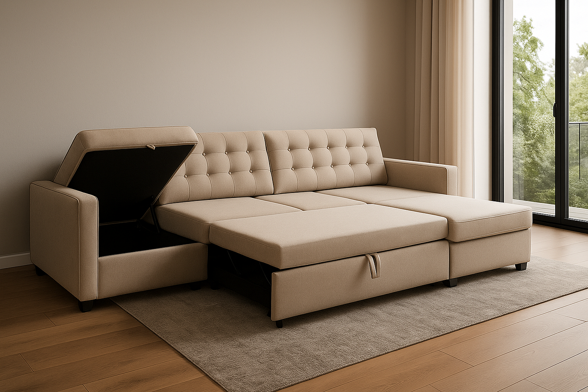 Sofá Cama Funcional Beige Espacioso Salón 210x150 cm Tela Conversión Fácil