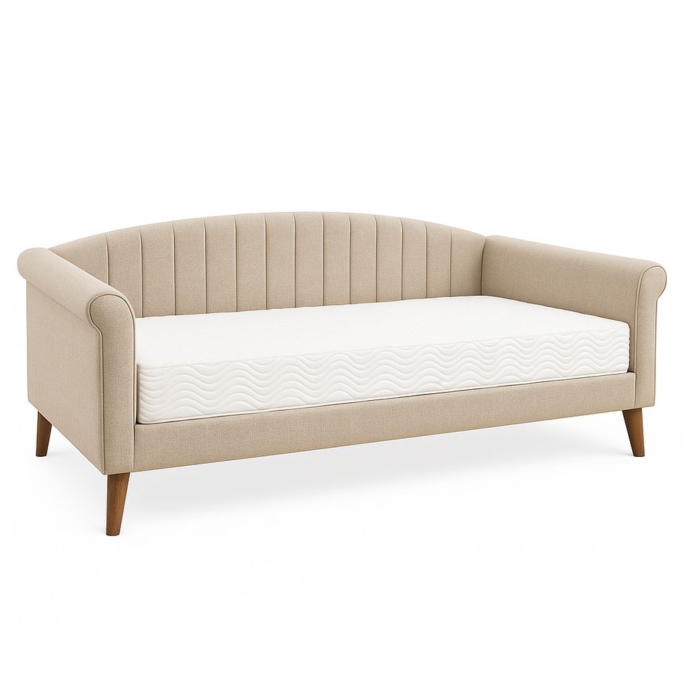 Sofá cama moderno con estructura de madera,tapizado suave en tonos beige,funcional y versátil para sala de estar