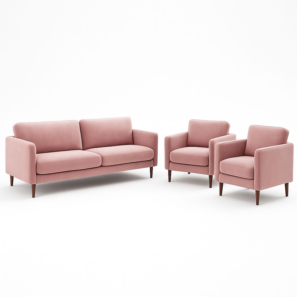 Juego de Sofá y Sillones de Estilo Moderno en Terciopelo Rosa, Conjunto de Muebles para Sala de Estar, Sofá de Dos Plazas y Dos Sillones Individuales