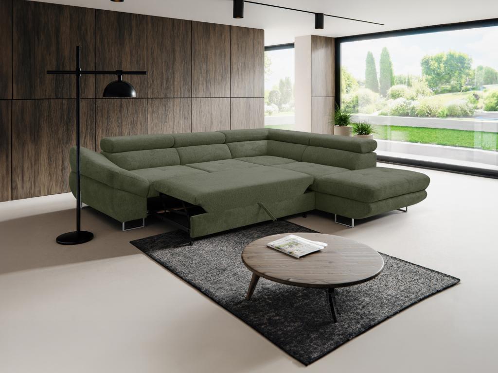 Sofá cama rinconero en tejido texturizado verde DALIAS