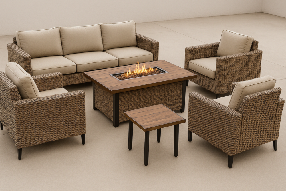 Conjunto de jardín 6 piezas sofá 3 plazas, 3 sillones, mesa de fuego y auxiliar beige/marrón