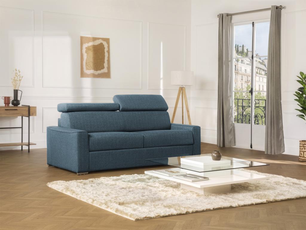 Sofá cama de 3 plazas de apertura rápida de tela VIZIR - Azul - Cama 140 cm - Colchón 22 cm