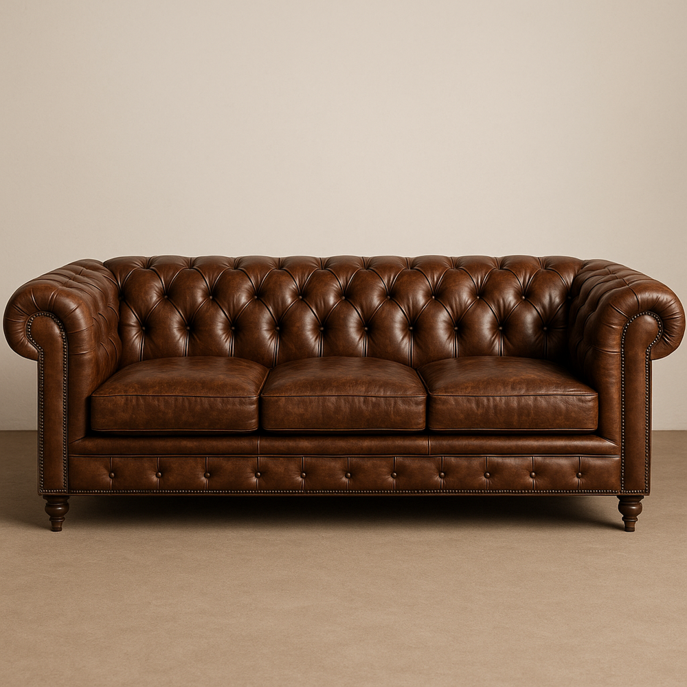 Sofá Chesterfield de Cuero Marrón Clásico con Marco de Madera, 3 Plazas, 220 cm x 95 cm x 75 cm