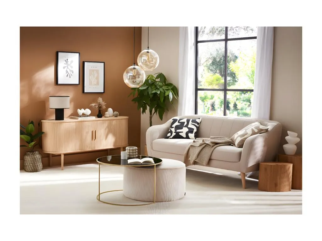 Sofá 3 plazas estilo nórdico de tela beige natural y Hogarsens