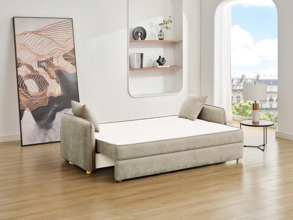 Sofá cama de 3 plazas - tela beige - con asiento de espuma viscoelástica