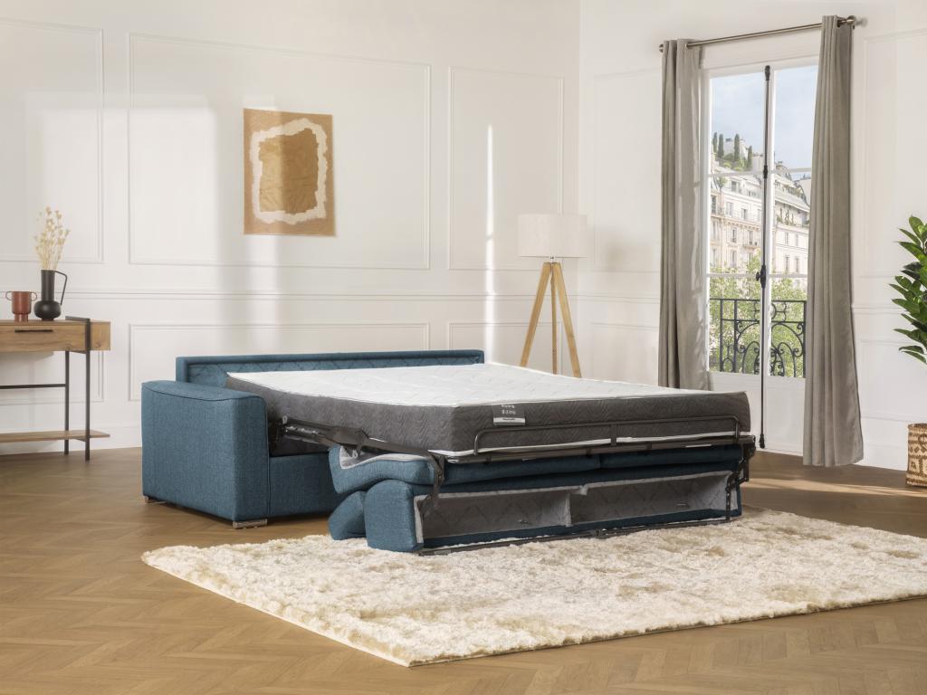 Sofá cama de 3 plazas de apertura rápida de tela VIZIR - Azul - Cama 140 cm - Colchón 22 cm
