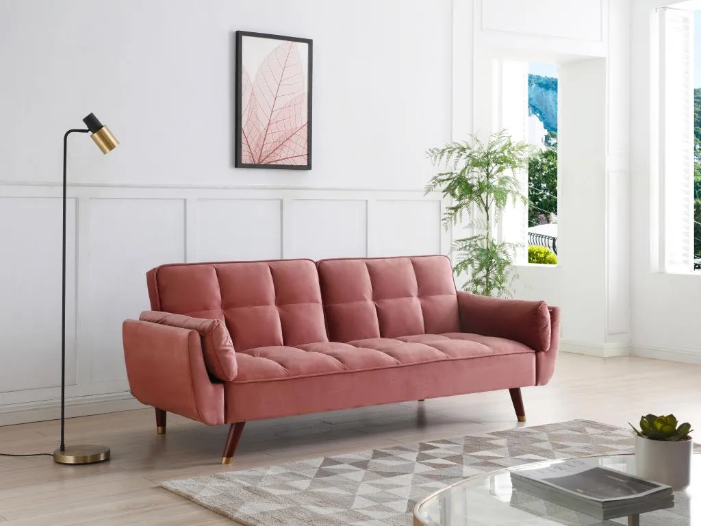 Sofá cama de 3 plazas de terciopelo rosa Decounico
