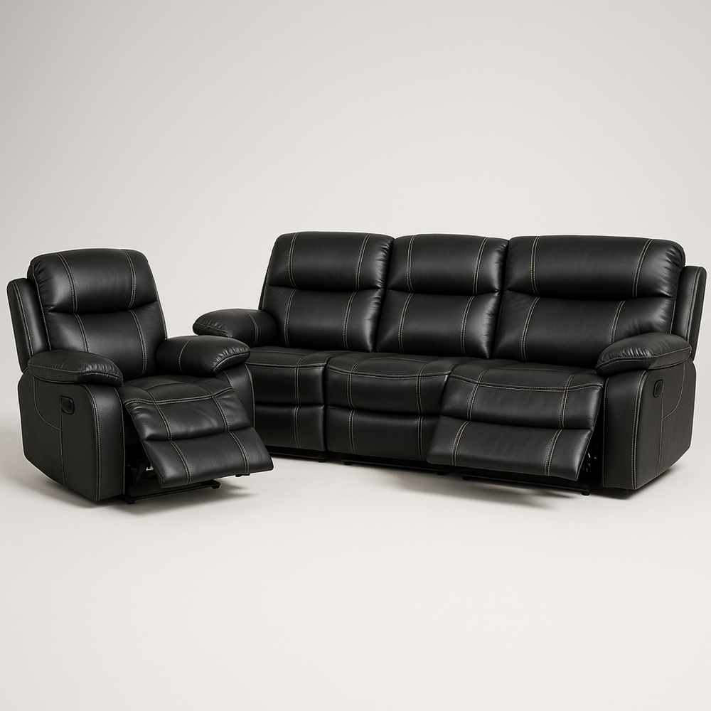 Conjunto de Sofá Reclinable de PU Negro – Sofá de 3 Plazas + Sillón