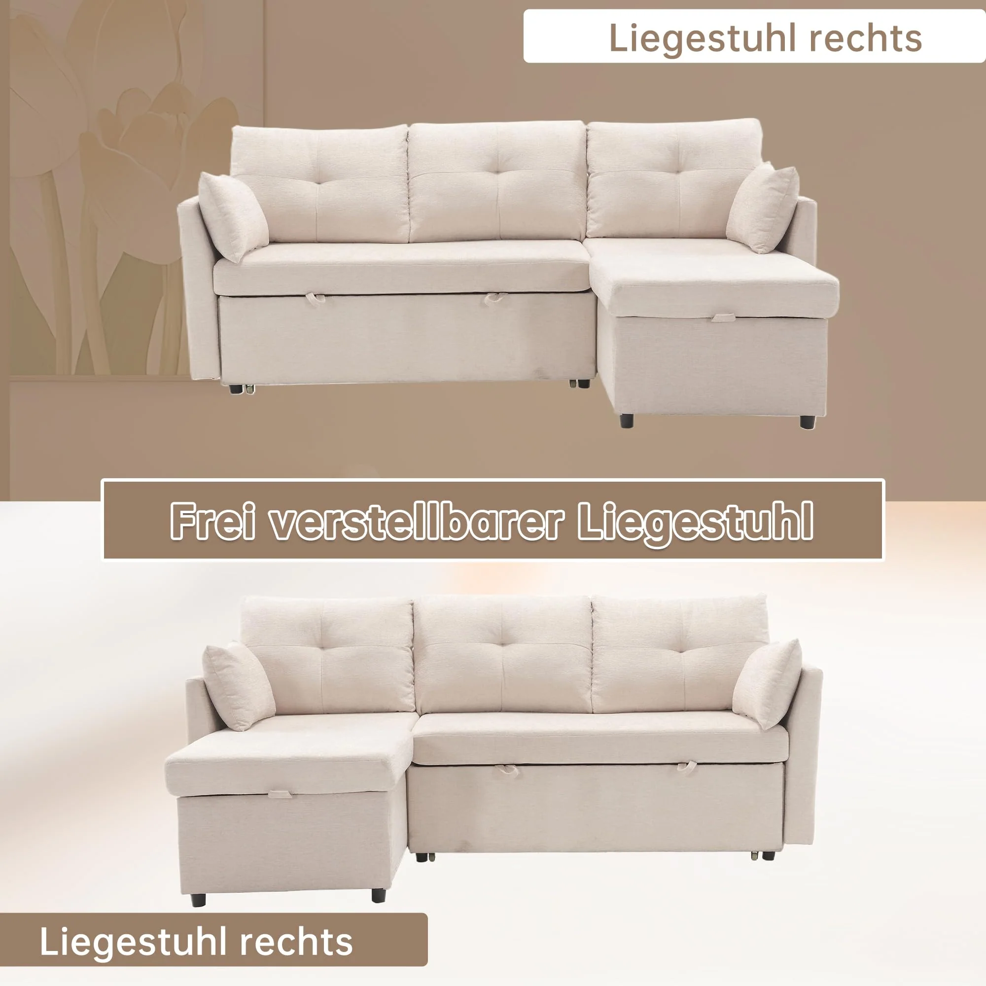 Sofá cama esquinero 3 plazas con almacenamiento beige