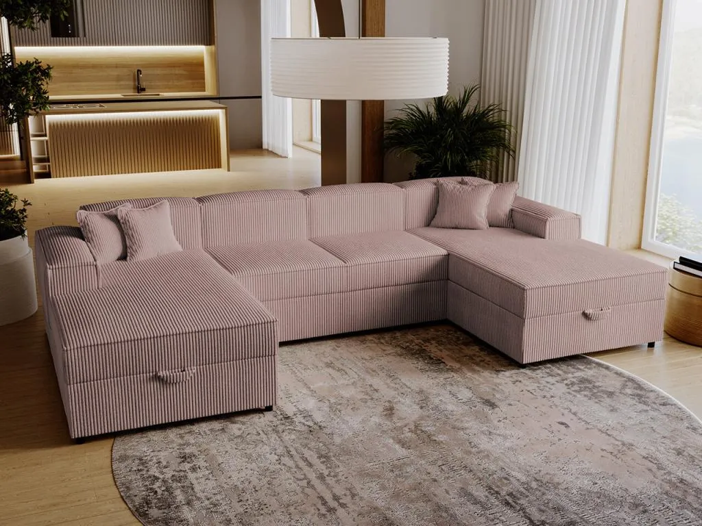 Sofá rinconero Nidovia rosa con caja de ropa de cama y función descanso 320x166x79 cm. zbo1697871