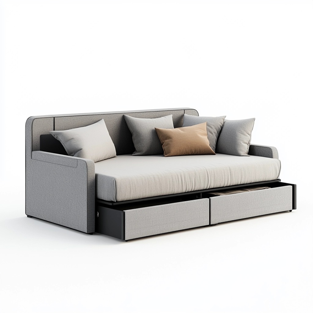 Sofá Cama Gris con Cajones Tela Sala Multifuncional